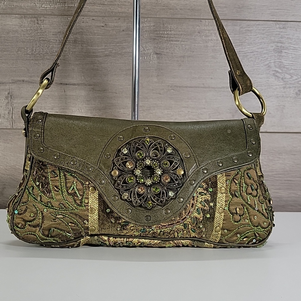 Christina Beaded Olive Green Embellished Shoulder Bag - Picture 3 of 14